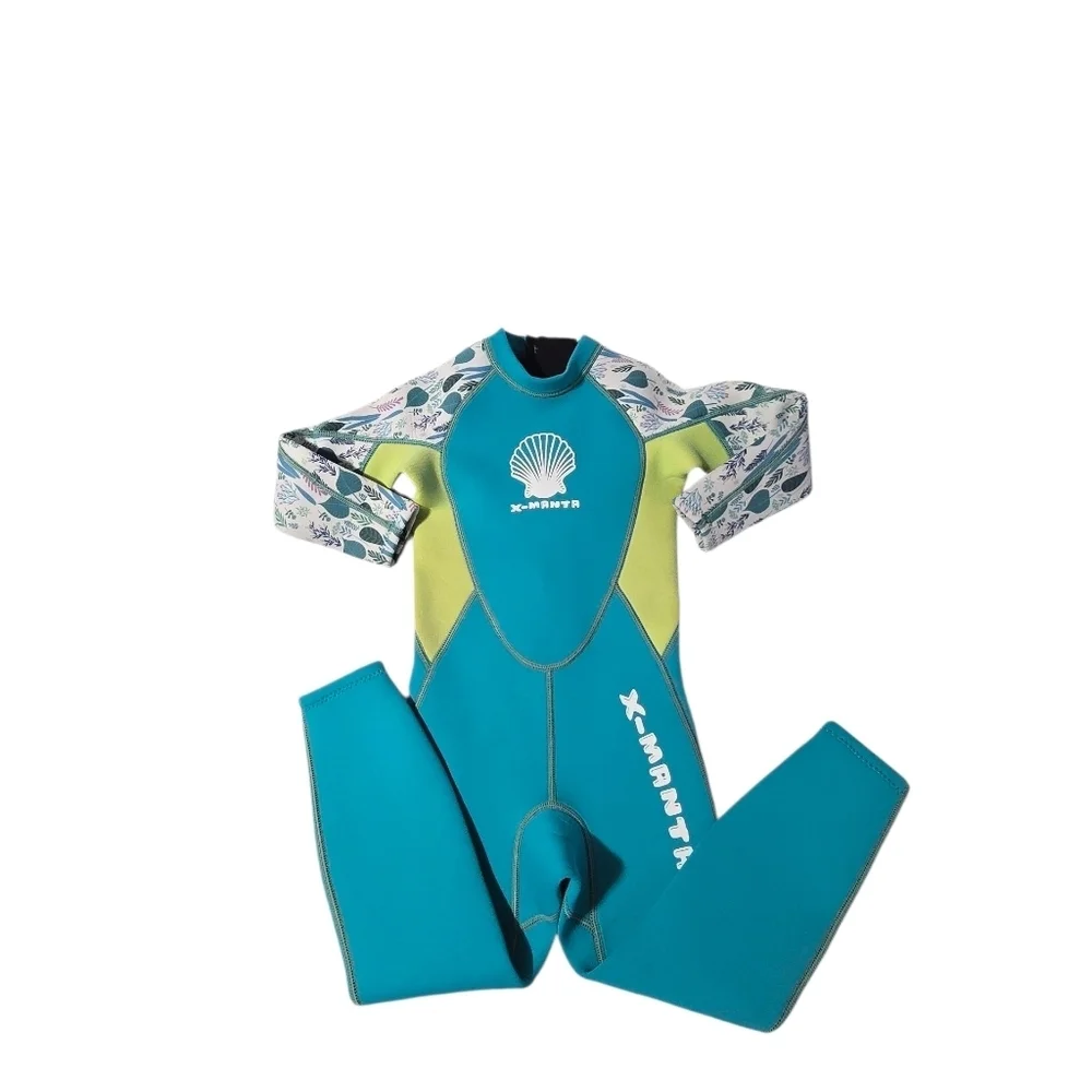 Kids Swim Wetsuit in Teal and Lime Green X Manta Long Sleeve Diving Swimsuit